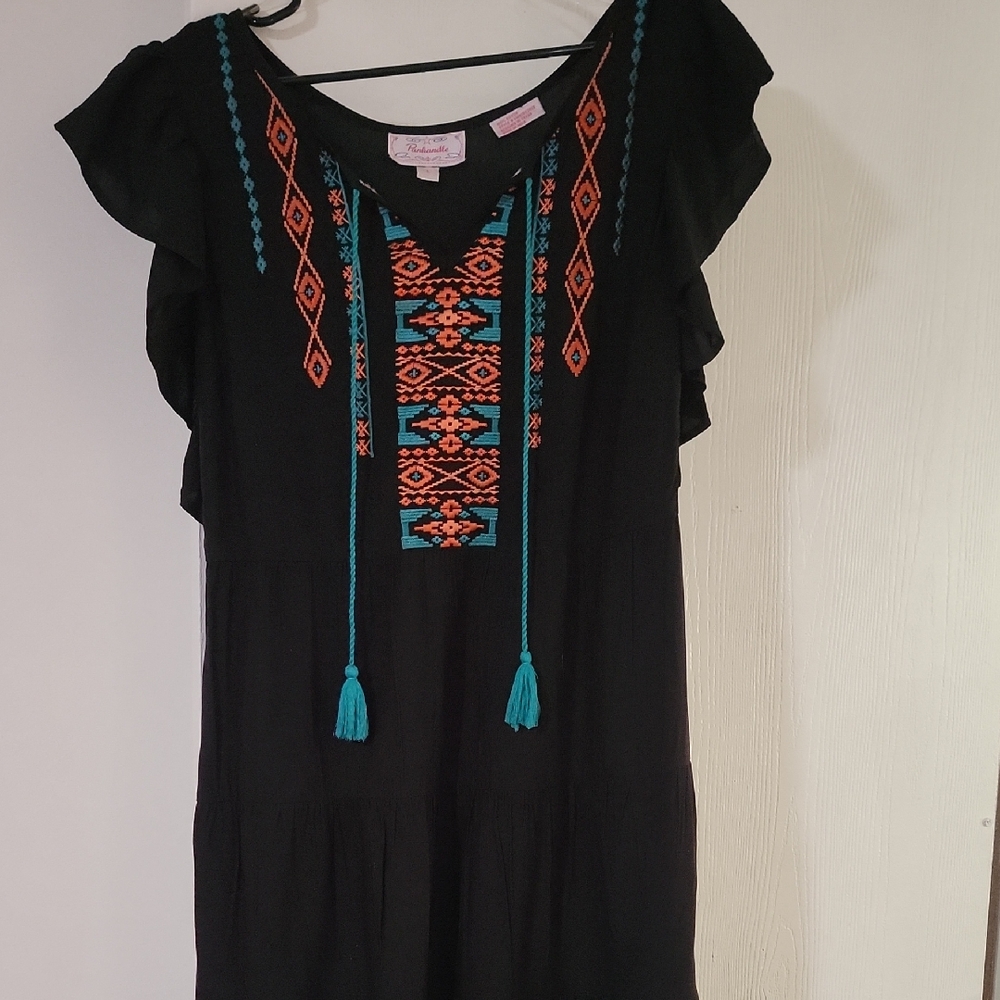 Embroidered Black Boho Dress with Turquoise & Orange Accents
